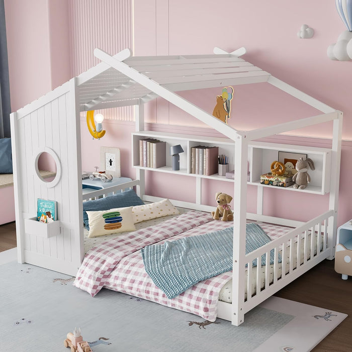 Full Size White Wooden House Bed Frame With Storage