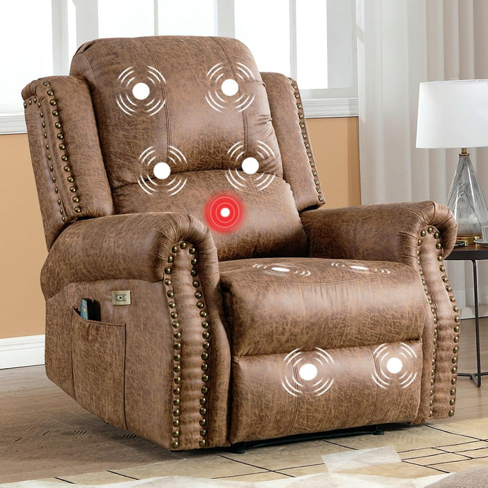 Power Recliner Chair with Massage and Heat, Faux Leather Electric Recliner Chair, Classic Single Sofa with Rivet Decoration for Living Room, Nut Brown