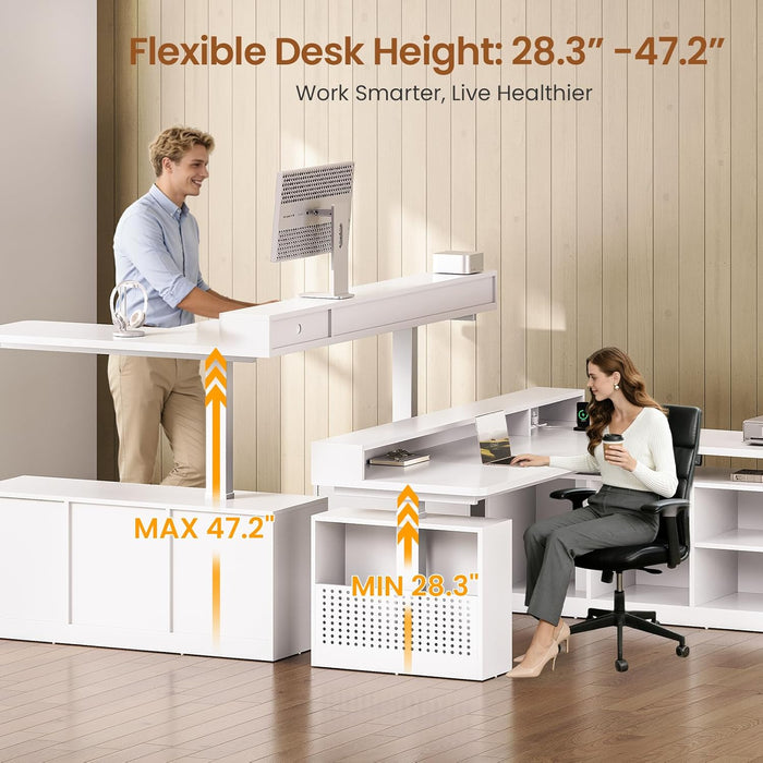 L Shaped Electric Standing Desk, 63 Inch Height Adjustable Corner Computer Desk with Storage Shelves and LED Lights, Corner Gaming Desk with Power Outlet and Pegboard for Home Office, White
