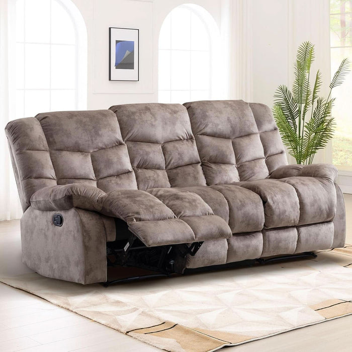 Reclining Couch for Living Room, Extra Wide Modern Overstuffed 3 Seat Recliner Manual Sofa Breathable Fabric and Padded Cushion, Light Brown