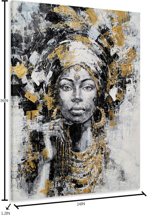 Black Woman Painting with Gold Foil - Hand Painted African American Canvas Wall Art for Living Room, Bedroom, and Hallway Decor