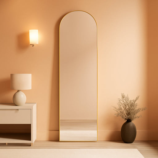 Arched Full Length Mirror 64.1"X 21.5" for Bedroom, Full Body Mirror with Stand, Hanging or Leaning for Wall, Aluminum Alloy Thin Frame Floor Standing for Living Room, Long, Classical Gold