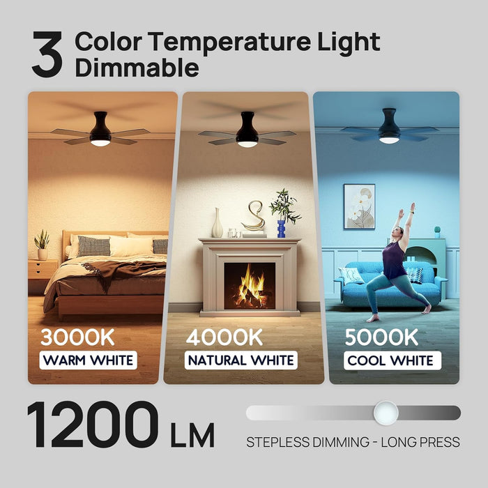 52 Inch Ceiling Fan with Lights, Modern Black Ceiling Fan, Remote Control, Quiet Reversible DC Motor, Flush Mount, Dimmable 3CCT LED Light, Double Finish Blade, for Indoor Bedroom Living Room