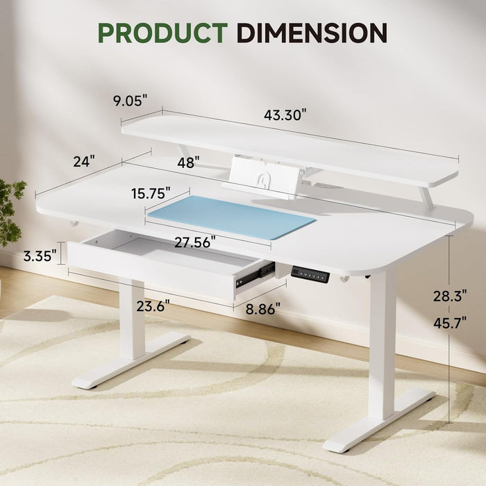 Electric Standing Desk with Drawers, 48 X 24 Inches Height Adjustable Computer Desk with Monitor Stand, Laptop Stand, Sit Stand up Desk with Memory Preset for Home, Office, White