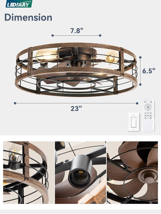 23" Black Gold Caged Low Profile Ceiling Fan with Light and Remote