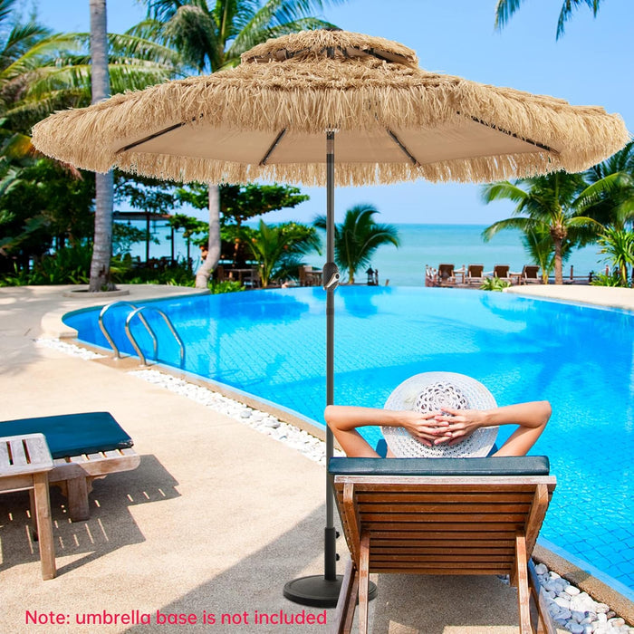 9 Ft Thatched Patio Umbrella, 2 Tier Hawaiian Style Grass Beach Umbrella with 32 Led Lights, Center Light, Solar Tiki Umbrella with 8 Ribs, Tilt Adjustment, Manual Crank for Backyard Pool