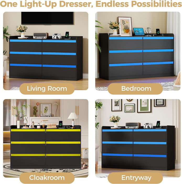 47.2" Modern Black Dresser with Power Outlet and LED Lights