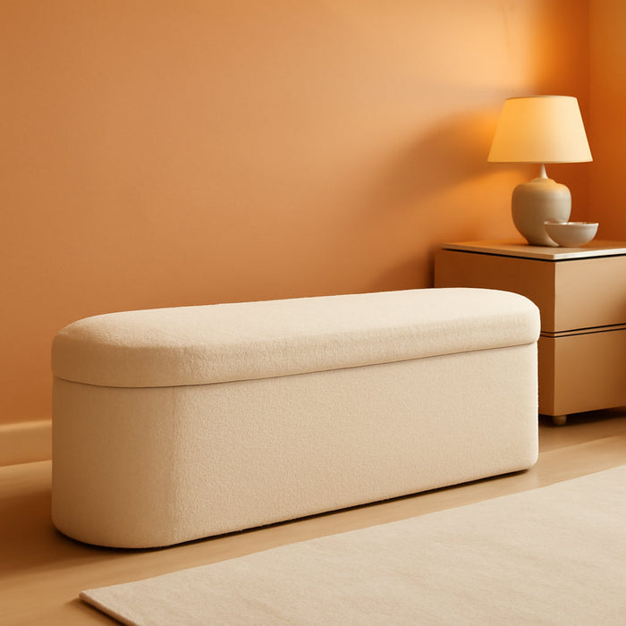 Ottoman with Storage for Living Room, Sherpa Folding Storage Ottoman Foot Rest, 43.3 Inches Collapsible Bedroom Bench White