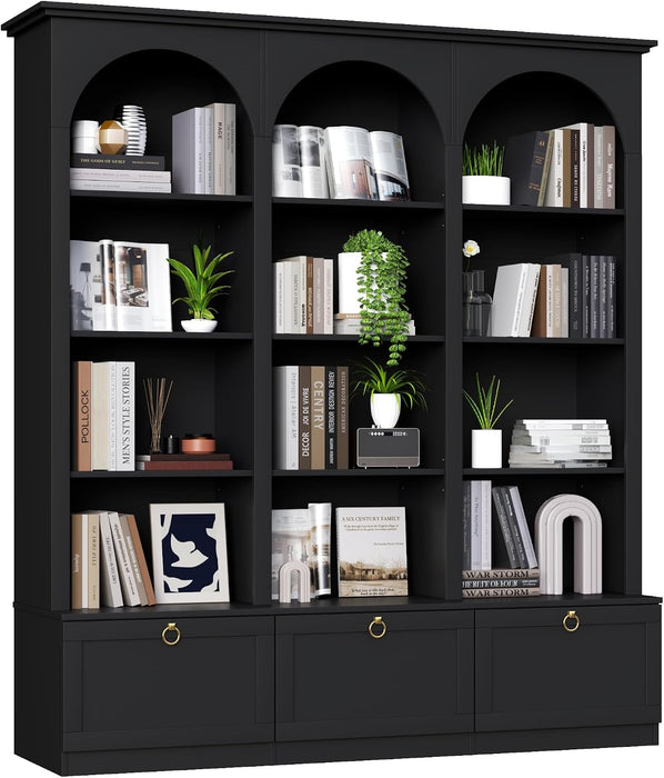 71" Tall Triple Wide Bookshelf with Doors, 5-Tier Large Arched Bookcase | with Cabinets, Modern Bookcases with 15 Storage Shelves, Wood Book Shelf for Living Room, Home Office, Black