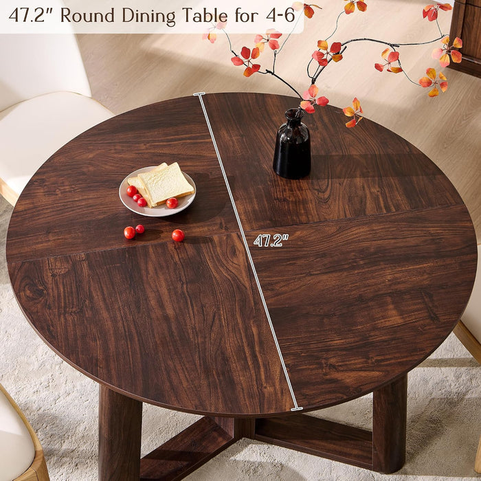 47" round Dining Room Table for 4-6 with Wooden Pedestal, Dark Walnut | Dinner Tables, Triangular Structure Wooden Pedestal Stable Base, Curved Table Edge, Circle Kitchen Tables for Dining Room