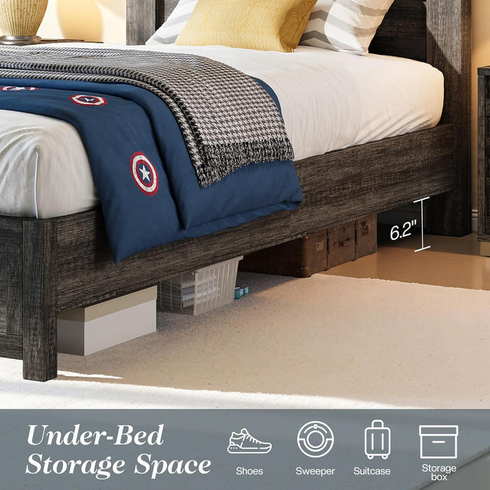 Farmhouse Twin Platform Bed with 49" Fluted Headboard, Wood Bed Frame with Natural Grain Finish, No Box Spring Needed, Noise-Free, Rustic Grey