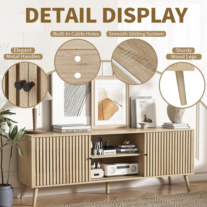 TV Stand for 55/65/70 Inch Tv,Bamboo Entertainment Center with Natural Rattan Door, Large Long Boho Media TV Console with Open Shelves Living Room Bedroom