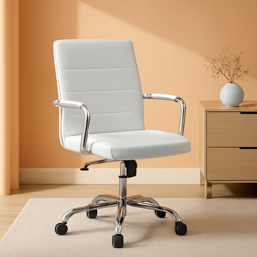 Office Desk Chair Mid-Back Leather Computer Chair Height Adjustable Ergonomic Executive Chair W/Lumbar Support Comfy Thick Padded Armrests and Seat, White