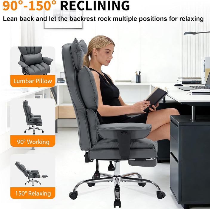 Big and Tall Office Chair, Executive Leather Office Chair with Footrest, 400Lbs Ergonomic Gaming Chair for Adults, Wide Seat Computer Desk Chair with Lumbar Support, 150 Degree Reclining, Gray