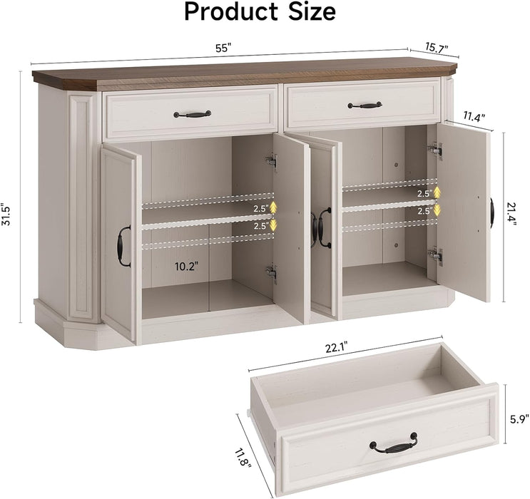 55" Sideboard Buffet Cabinet with 2 Storage Drawers & 4 Doors, Modern Kitchen Sideboards and Buffets with Adjustable Shelves, Wood Coffee Bar Cabinet for Living Room, Entryway, Off-White