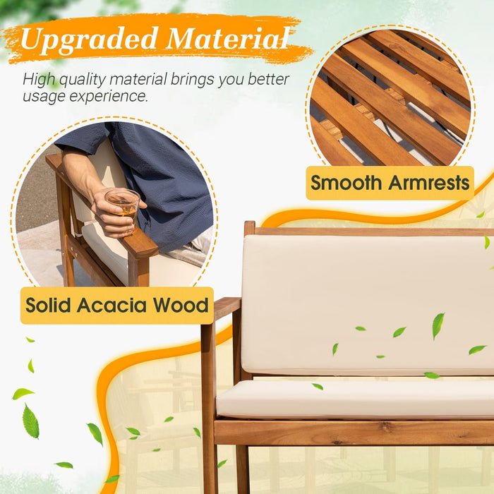 Outdoor Patio Furniture, 4 Piece Bistro Sofa Set with Coffee Table and Loveseat, Acacia Wood Conversation Sets with Cushions, for Garden, Backyard, Poolside, White