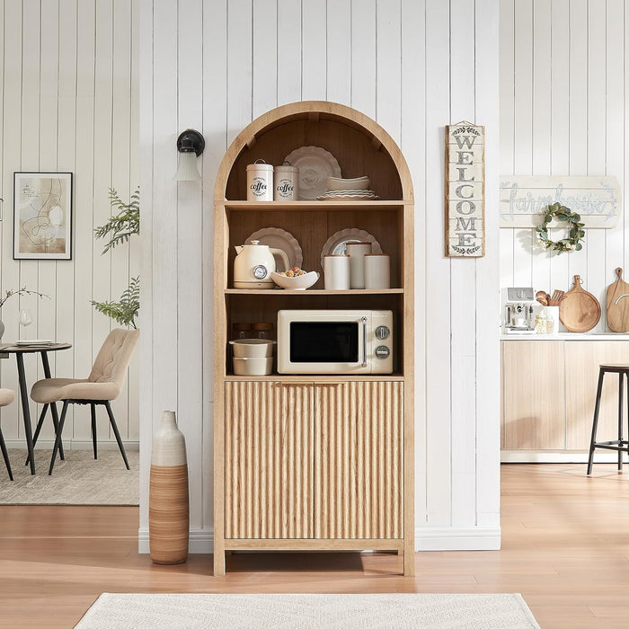 Arched Cabinet Bookshelf Bookcase - 71” Tall Mid Century Arched Display Cabinets, Rounded Bookshelf with Fluted Doors, Open Shelf Storage Cabinet for Dining Room (Natural)