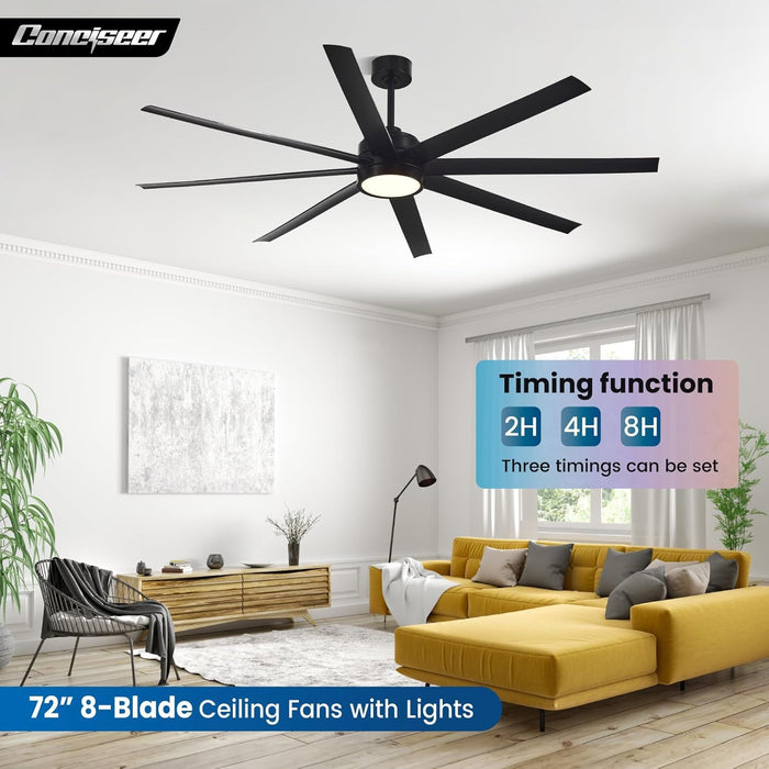 Modern Ceiling Fans with Lights, 72 Inch Ceiling Fan with Light and Remote, Bedroom Living Room Library Cafe Outdoor/Industrial,24W 3CCT Dimmable, 8 Blades 6 Speed Reversible Quiet DC Motor, Black