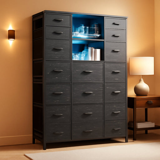 51" H Dresser with 15 Drawers Dresser for Bedroom with Charging Station & LED Lights & Hutch Sturdy Black Bedroom Dressers, Steel Frame, Wood Top, 51.2" H X 39.3" W X 11.8" D