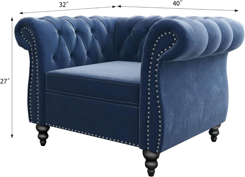 2 Piece Living Room Set, Velvet Chesterfield Sofa Loveseat Couch Chair with Scroll Arms and Nailhead for Living Room, Office (Blue)