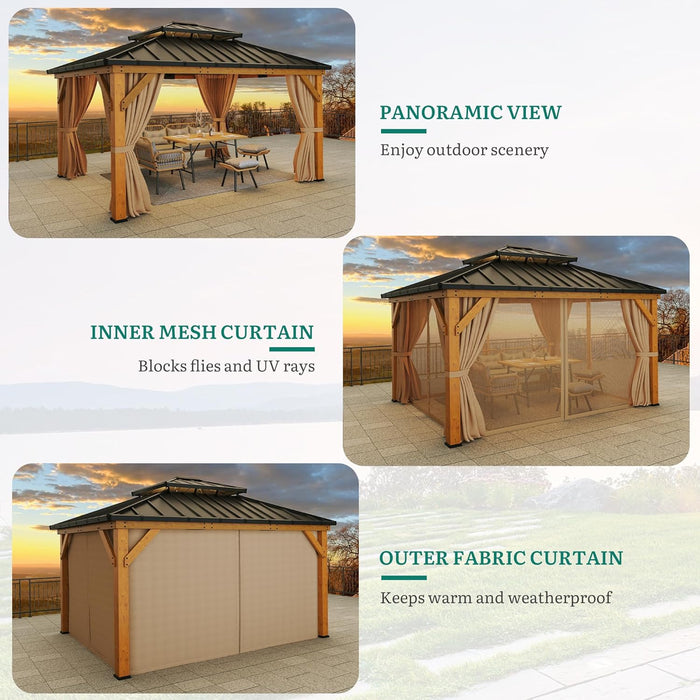13X15 Wood Gazebo Hardtop with Nettings and Curtains, Heavy Duty Double Roof Galvanized Steel Outdoor Wood Frame Roof for Patio, Backyard, Deck, Lawns
