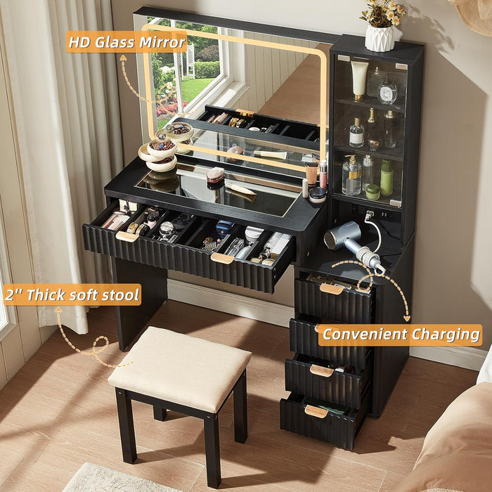Fluted Makeup Vanity Desk with Mirror and Lights, 43.5'' Blue Vanity Table with Glass Top and Power Outlet, Make up Vanity with 6 Drawers and Adjustable Shelves for Bedroom