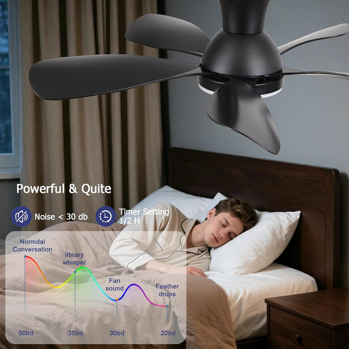 36Inch Black Low Profile Ceiling Fans with Lights and Remote/App Control, Reversible DC Motor, 6 Speeds, Modern Flush Mount Ceiling Fan with 5 Blades for Outdoor Patio,Small Room,Bedroom