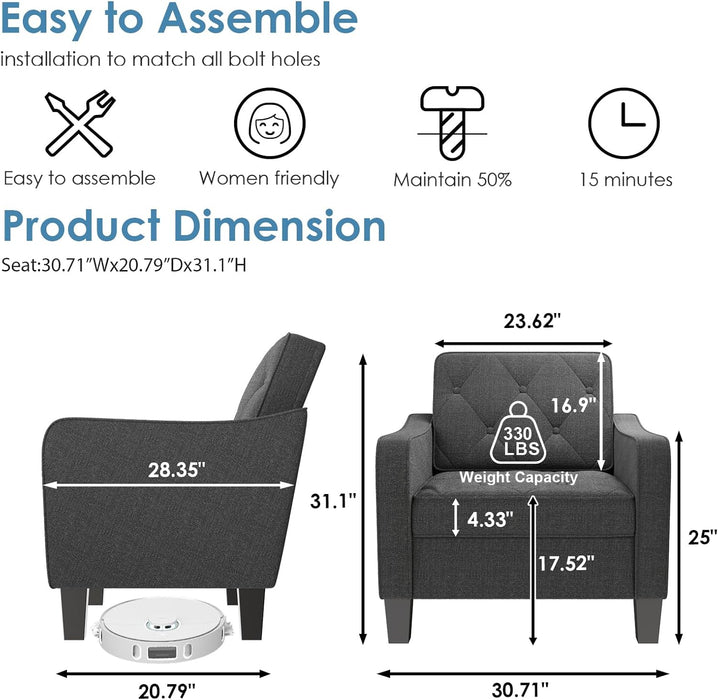 Living Room Chairs Grey Accent Chairs Set of 2, Waiting Room Arm Chairs, Reading Chairs for Bedroom Comfy Club Chair Tufted, Office Small Space (2, Grey)