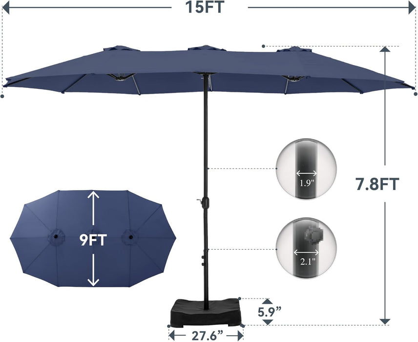 15 Ft Rectangular Patio Umbrella with Base Included, Large Double-Sided Outdoor Table Umbrella with Crank, 1.9" Pole UPF 50+ UV Resistant for Pool Deck Backyard Garden, Navy Blue