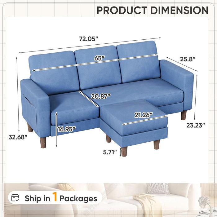 Blue Upholstered LShaped Movable Sectional Couch Ottoman