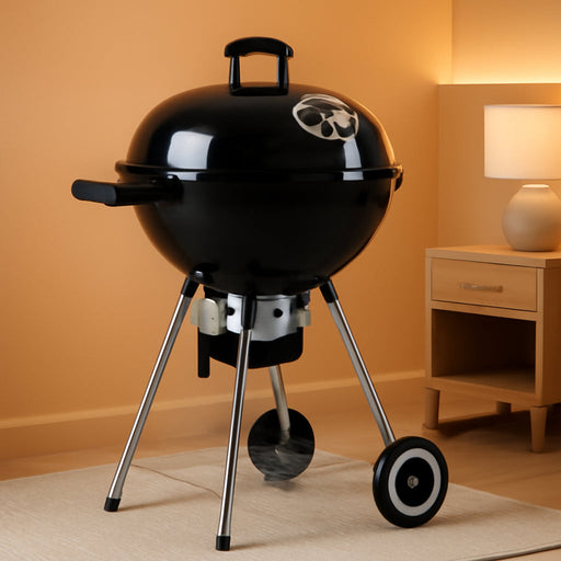 18 Inch Kettle Charcoal BBQ Grill with Wheels, Portable Charcoal Grill with Porcelain-Enameled Lid & Ash Catcher for Outdoor Cooking Barbecue Camping Picnics Tailgating, Black