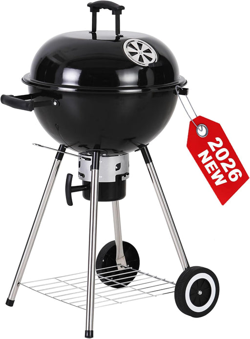 18 Inch Kettle Charcoal BBQ Grill with Wheels, Portable Charcoal Grill with Porcelain-Enameled Lid & Ash Catcher for Outdoor Cooking Barbecue Camping Picnics Tailgating, Black