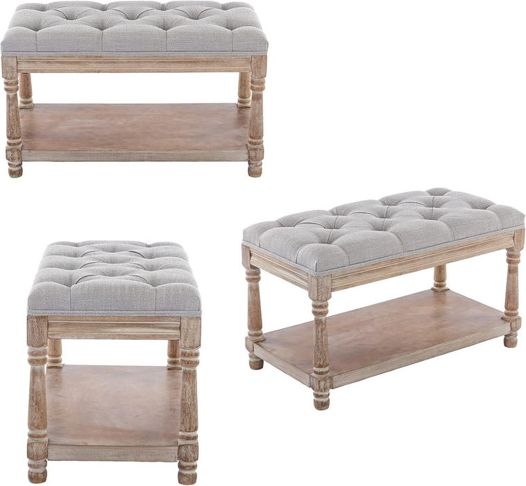 Farmhouse Tufted Storage Ottoman Bench with Shelf, 31.5" Width Linen Upholstered Entryway Shoe Ottoman Foot Stool for Bedroom Living Room Dining Room, Grey