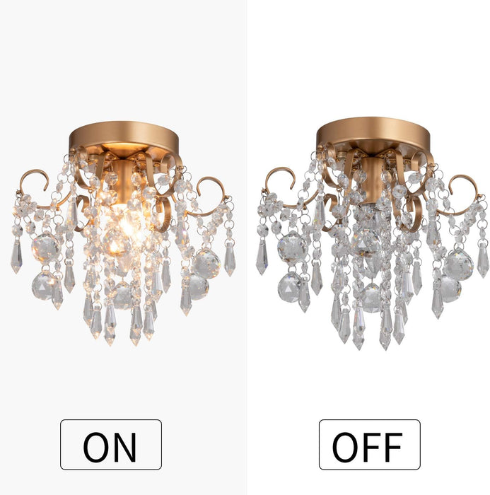 Mini Chandelier Crystal Ceiling Light,Small Flush Mount Gold Light Fixture for Entryway Bedroom Barthroom Hallway Closet E12