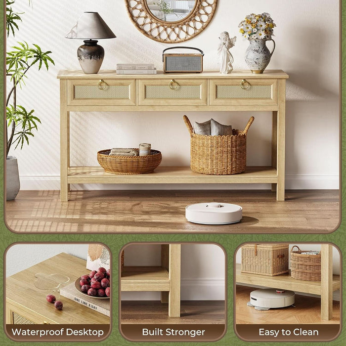 Rattan Console Sofa Table with Outlets and USB-C Port, 3 Drawer Entryway Table with Synthetic Rattan Surface, Open Shelf, behind Couch Entry Foyer Hallway Storage, Natural