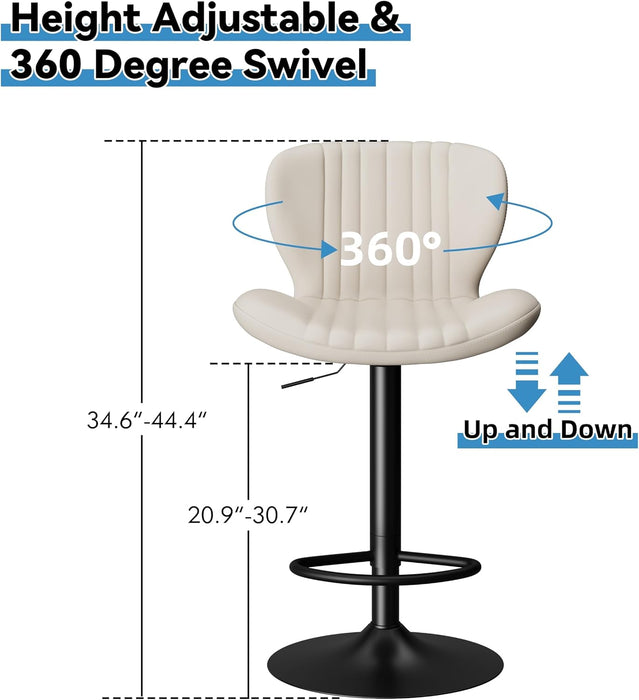 Bar Stools Set of 2 Modern Swivel Bar Chairs, Counter Height Faux Leather Metal Barstools, Upholstered Island Chairs with Back and Footrest, Beige