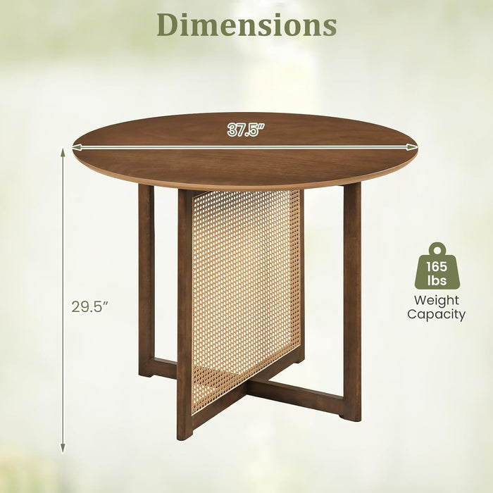 37.5" round Dining Table for 2-4, Farmhouse Kitchen Table with Solid Rubberwood Pedestal & Rattan Base, Modern Small Circle Dinner Table for Dinette Living Room