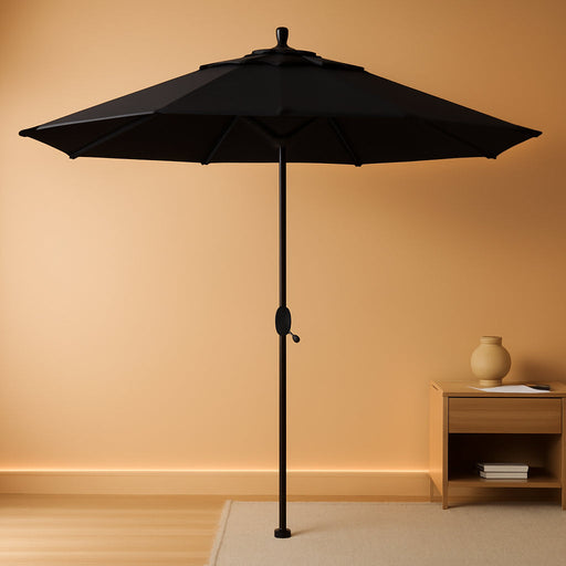 12-Year-Non-Fading, 9Ft Premium Sunbrella Patio Umbrella, Hand-Crank, Button-Tilt, Black Frame, Black Fabric