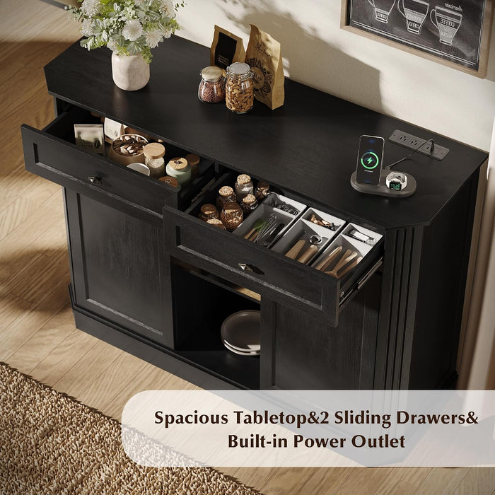 47" Wine Bar Cabinet with LED Light & Power Outlets, 2 Door Coffee Bar Cabinet with 2 Drawers, Sideboard Buffet Cabinet with Storage, Liquor Cabinet for Home Bar, Kitchen Living Room, Black