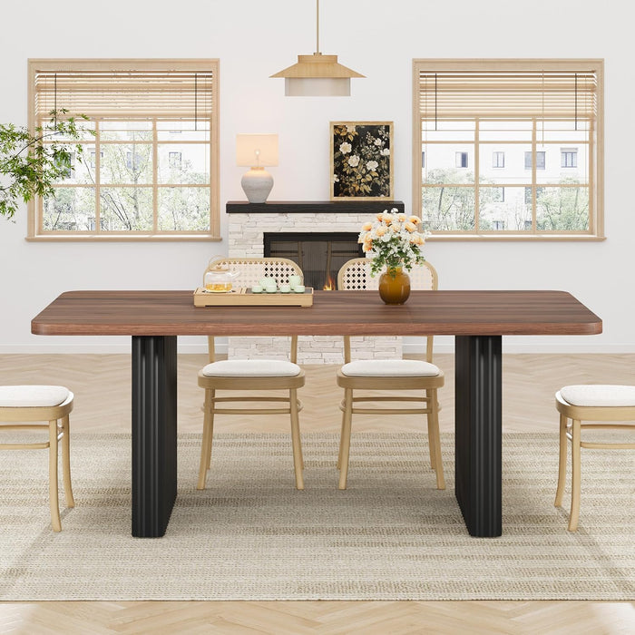 Modern Dining Table for 6-8, 71" Rectangular Farmhouse Kitchen Table with 3.6"×22.9" Black Fluted Wave Metal Legs & Wooden Top, Large Dining Table for Home Office, Dining, Walnut