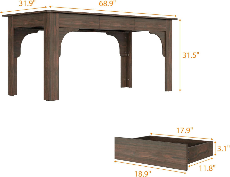 Farmhouse Dining Table for 6-8 People, 68.9" Rustic Kitchen Table with 6 Drawers, Long Rectangle Dinner Table with Wood Grain for Dining Room, Brown