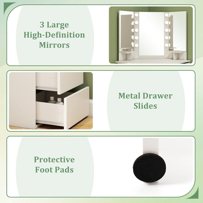 Corner Vanity Desk with Mirror and Lights, White Makeup Vanity Table with 5 Drawers, Storage Shelves, Charging Station, 3 Lighting Modes, Compact Vanity Dressing Table for Small Space