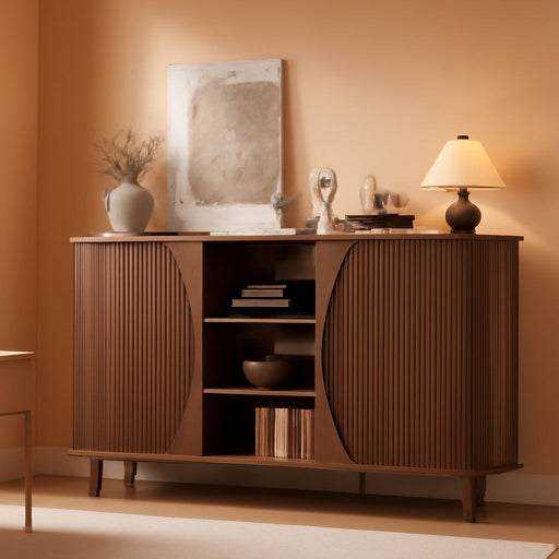 59" Curved Buffet Cabinet with Storage, Sideboard Cabinet with Adjustable Shelves, Mid-Century Modern Buffet Cabinet with Sliding Doors and 6 Wood Legs, Storage Cabinet for Living Room, Walnut