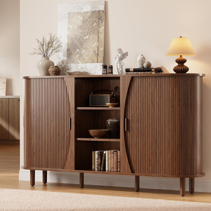 59" Curved Buffet Cabinet with Storage, Sideboard Cabinet with Adjustable Shelves, Mid-Century Modern Buffet Cabinet with Sliding Doors and 6 Wood Legs, Storage Cabinet for Living Room, Walnut
