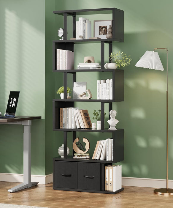 6-Tier Tall Bookshelf with Drawers, Black