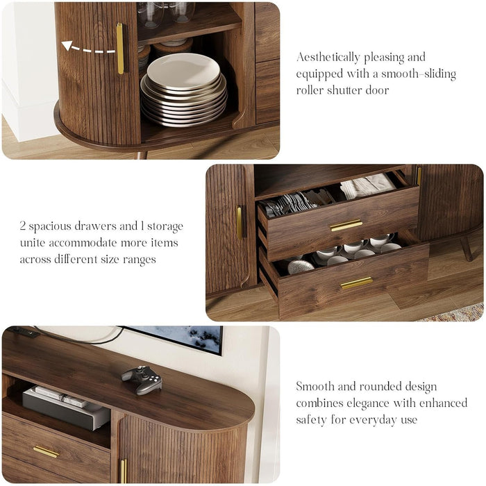 60" Sideboard Buffet Cabinet, Walnut Buffet Sideboard Storage Cabinet, Sliding Door & Adjustable Shelf, Mid-Century Modern Accent Coffee Bar Console Table for Kitchen, Entryway/Living Room/Dining Room