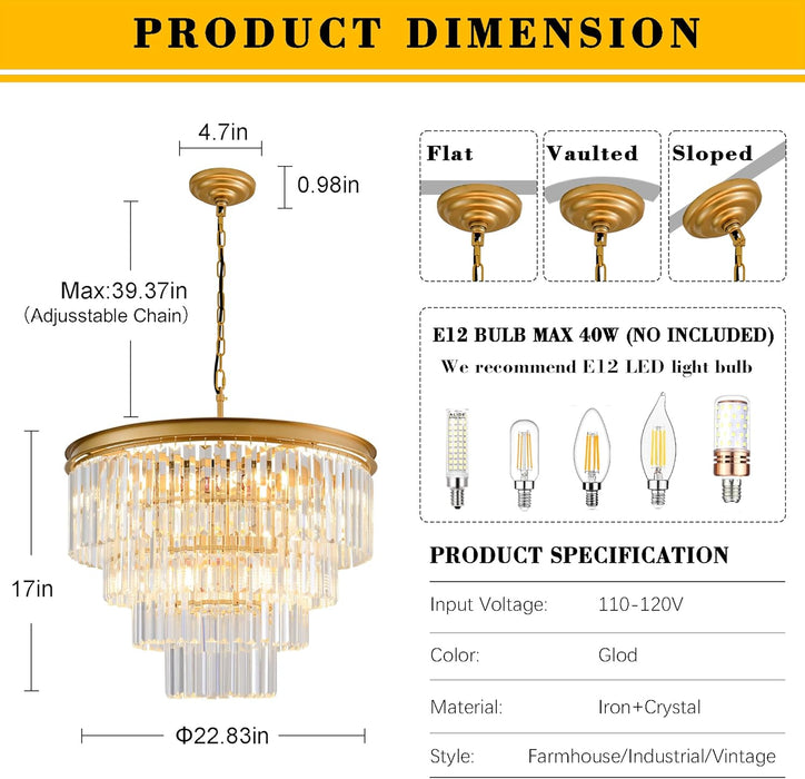Gold Crystal Chandelier 22.9in Ceiling Pendant Light