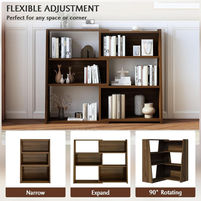 Wooden Extendable Shelf Bookcase - 3-Tier Ladder Low Short Bookshelf for Small Space or Corner, Dark Walnut, S