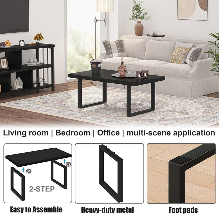 Black Coffee Table, Minimalist Industrial Wooden Center Table, Modern Simple Rectangle Living Room Table, Farmhouse Wood and Metal Cocktail Coffee Table for Home Bedroom Office, Black Oak, 39 Inch