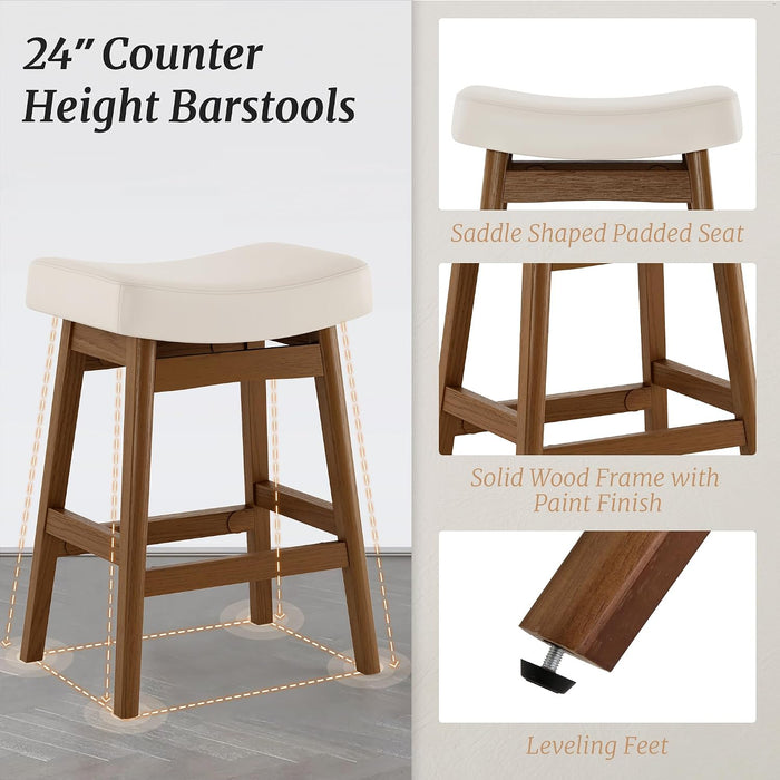 Bar Stools Set of 4, Barstools with Sturdy Wood Legs, Saddle Seat Counter Height Bar Stools for Kitchen Counter, Bar, Dining, 24 Inch Farmhouse Counter Stools, Antique White Leather